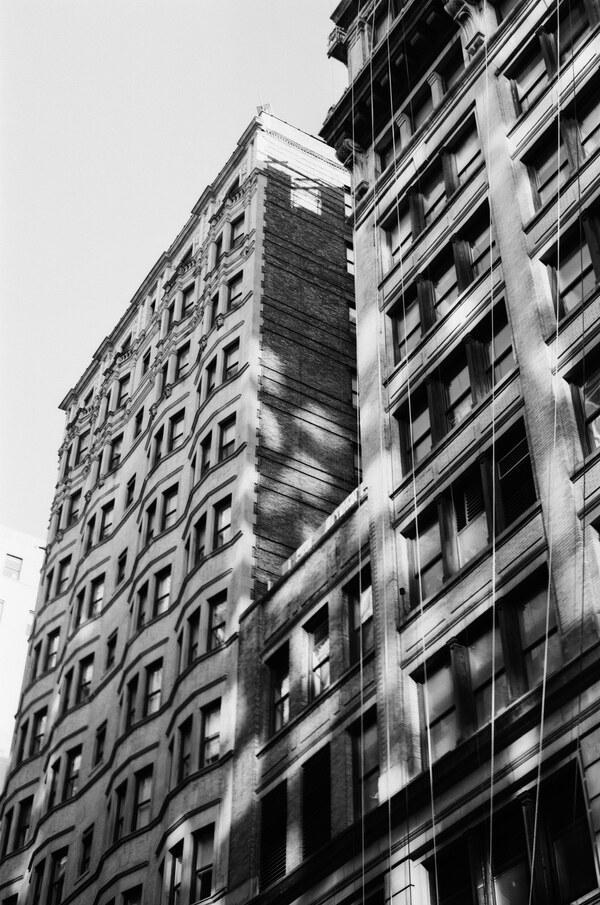 Brick building with light reflecting off it